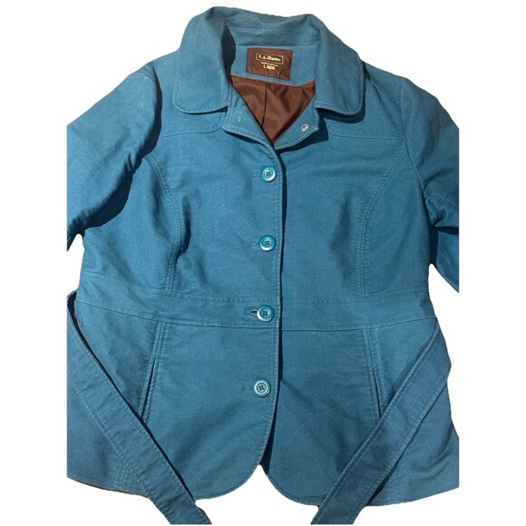 LL Bean Coat Womens  Large Pea Blue Cotton Button Up Belted Collared Jacket Y2K - Picture 4 of 8